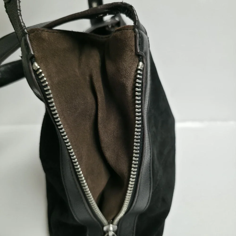 Tignanello Black Suede Leather Shoulder Bag Hobo Purse Panel Stitch Zip Top